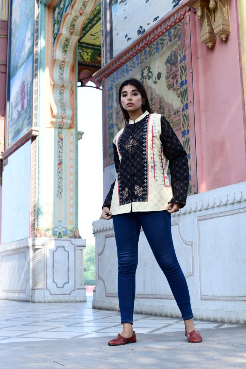 Women's Floral Quilted Jacket for Wedding Party  Black & Beige