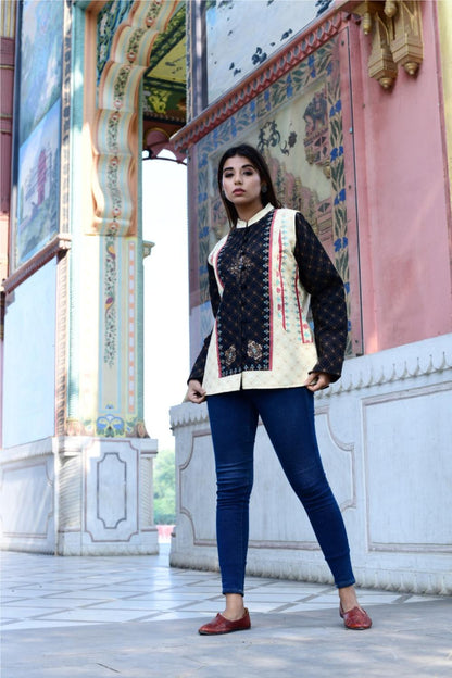 Women's Floral Quilted Jacket for Wedding Party  Black & Beige