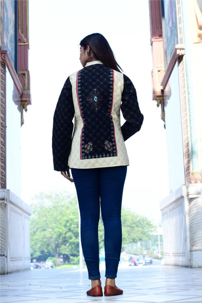 Women's Floral Quilted Jacket for Wedding Party  Black & Beige