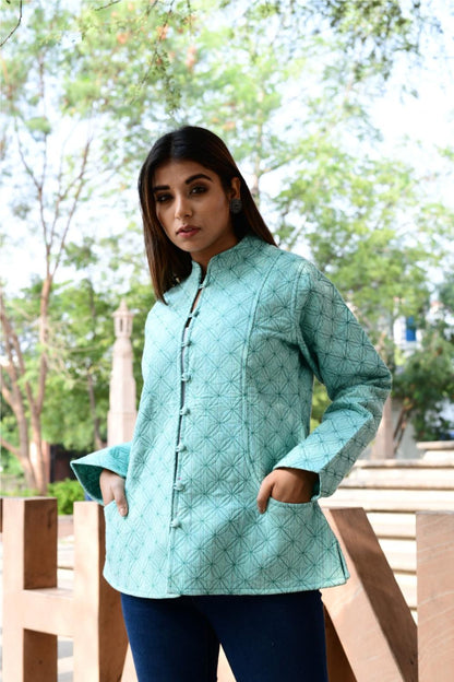 Women’s Quilted Jackets Cotton Chambray - Aqua Green