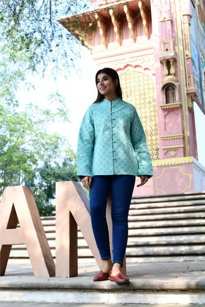 Women’s Quilted Jackets Cotton Chambray - Aqua Green