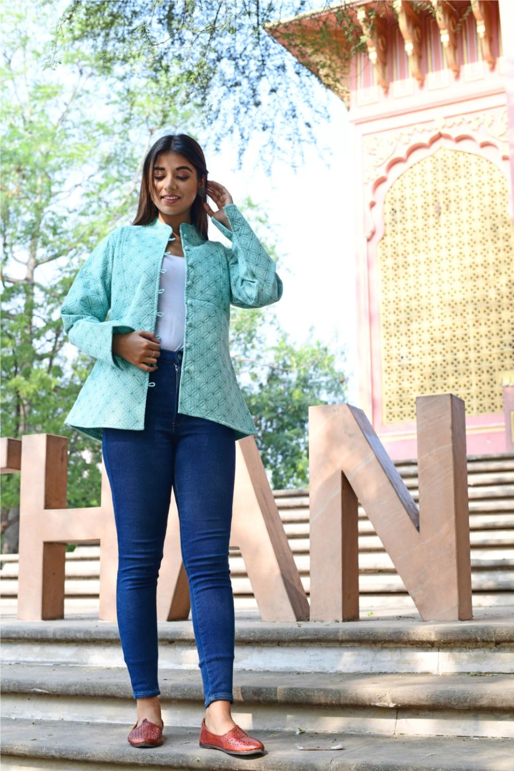 Women’s Quilted Jackets Cotton Chambray - Aqua Green