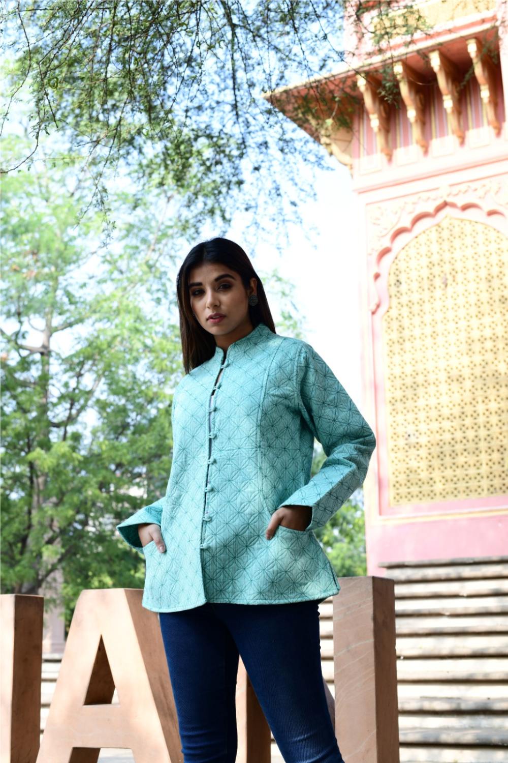 Women’s Quilted Jackets Cotton Chambray - Aqua Green