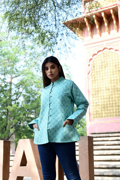 Women’s Quilted Jackets Cotton Chambray - Aqua Green