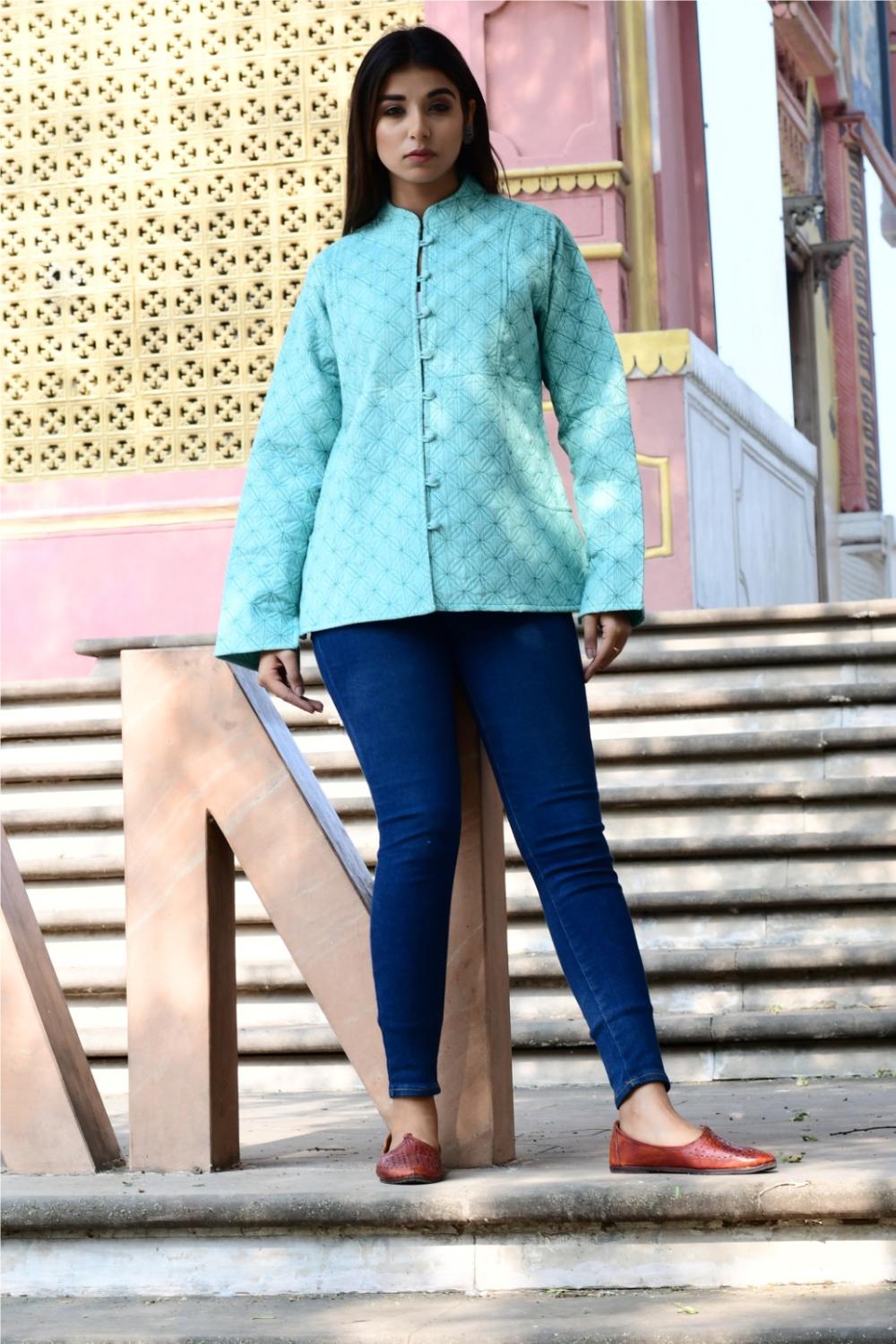 Women’s Quilted Jackets Cotton Chambray - Aqua Green