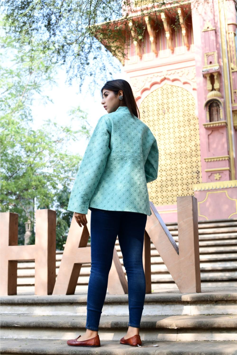 Women’s Quilted Jackets Cotton Chambray - Aqua Green