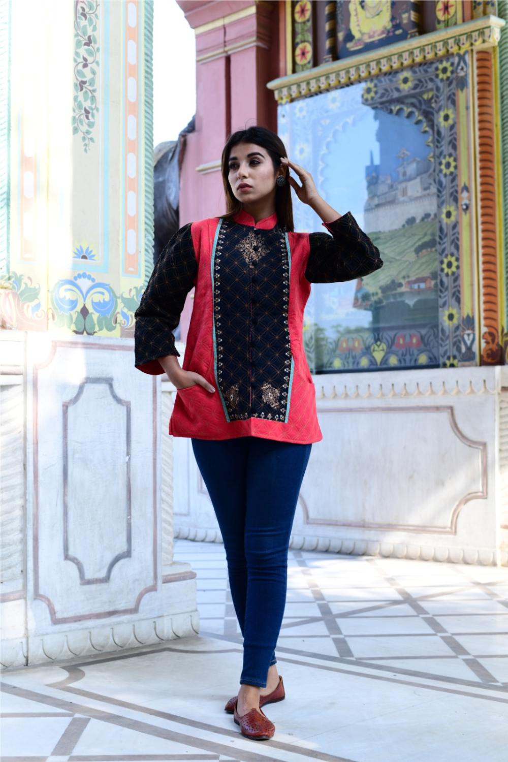 Womens Floral Multi Color Printed & Quilted Jacket for Wedding Party