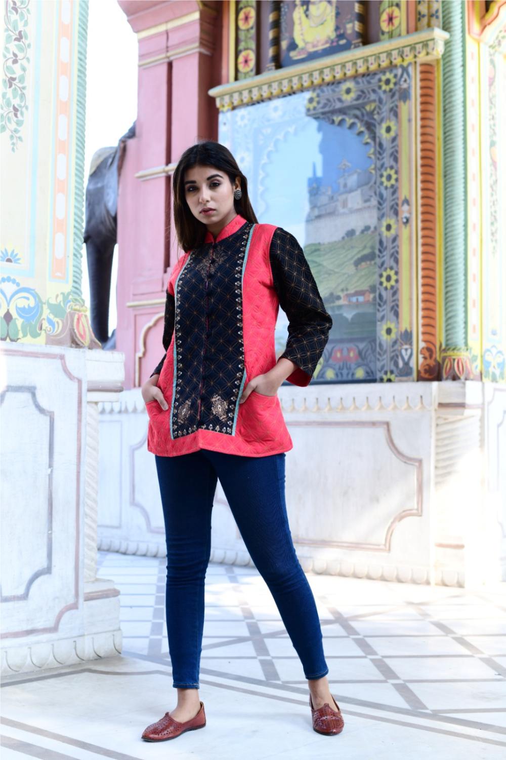 Womens Floral Multi Color Printed & Quilted Jacket for Wedding Party